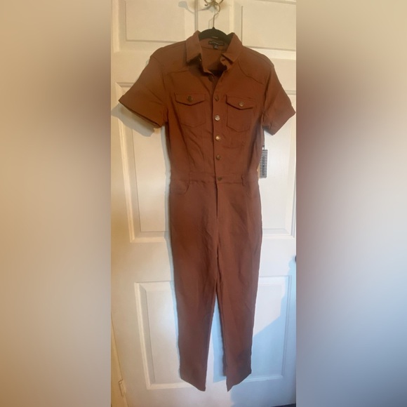 Haute Monde Brown Collared Button Front Jumpsuit Large - Picture 2 of 4